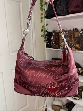 Coach Limited Edition Script Burgundy Signature Heart Shoulder Bag